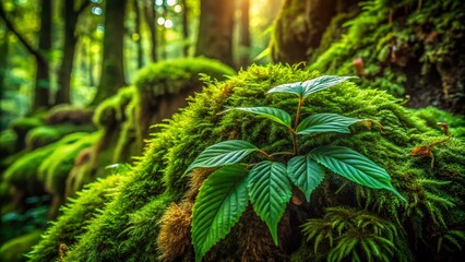 Fototapeta premium Low Light Photography of Lush Green Leaves and Natural Moss Background, Perfect for Nature Enthusiasts and Eco-Friendly Designs, Showcasing Tranquility and Serenity in Nature