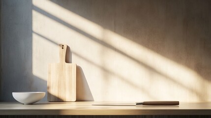 78.A minimalist kitchen scene with a wooden chopping board propped up against the wall, a knife laying flat on the table, and a white bowl nearby. The soft, natural lighting enhances the simplicity