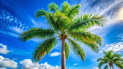 Lush King Palm Tree Against a Vibrant Blue Sky with Open Copy Space for Text, Perfect for Tropical Themed Designs and Nature Backgrounds
