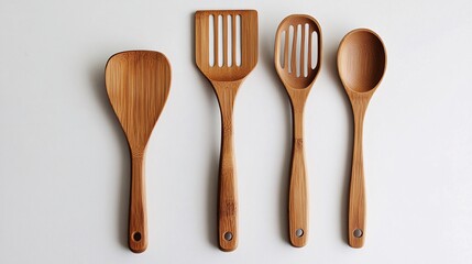 42.A set of bamboo kitchen utensils, including a spatula, spoon, and slotted spoon, carefully arranged on a white surface. The fine texture of the bamboo wood is captured in detail, making the