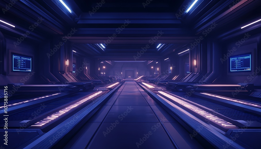 Poster A futuristic corridor with soft blue lighting, featuring high-tech screens and metallic surfaces, creating a sci-fi atmosphere.