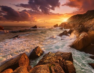 Obraz premium Rocky Coastline and Crashing Waves