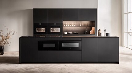 106.A sleek, modern kitchen in Slotenslaan, featuring a large black cabinet with built-in ovens and other cutting-edge kitchen utilities. The neutral wall tones provide a perfect contrast to the