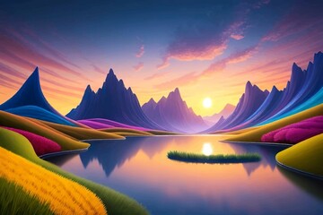 Beautiful and Peaceful Nature Scenery Illustration Landscape Countryside Tranquil Vibrant and Colorful