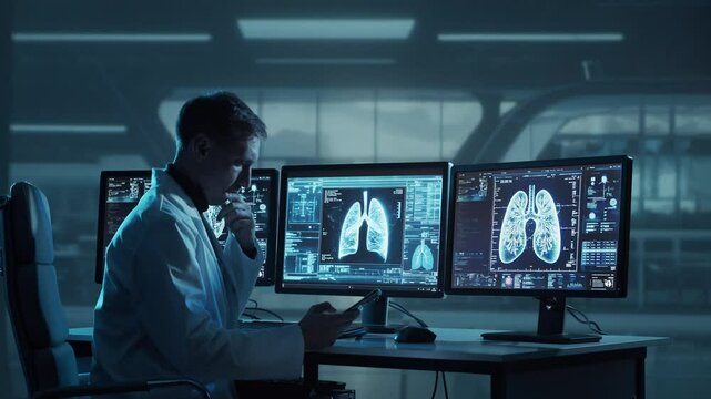 Doctor working at futuristic office, multiple monitors displaying medical images, data and body scans.