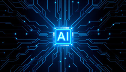 Glowing Purple AI Chip on Blue Circuit Board, Symbolizing Advanced Artificial Intelligence Technology.
