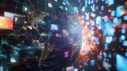 Obraz premium Visualizing Interconnectedness: A Digital Globe with Media Images and Network Connections