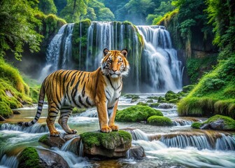 Majestic Close-Up of a Cinematic Tiger Cascading Near a Waterfall in a Panoramic Landscape, Capturing the Essence of Nature’s Beauty and Wildlife in Stunning Detail