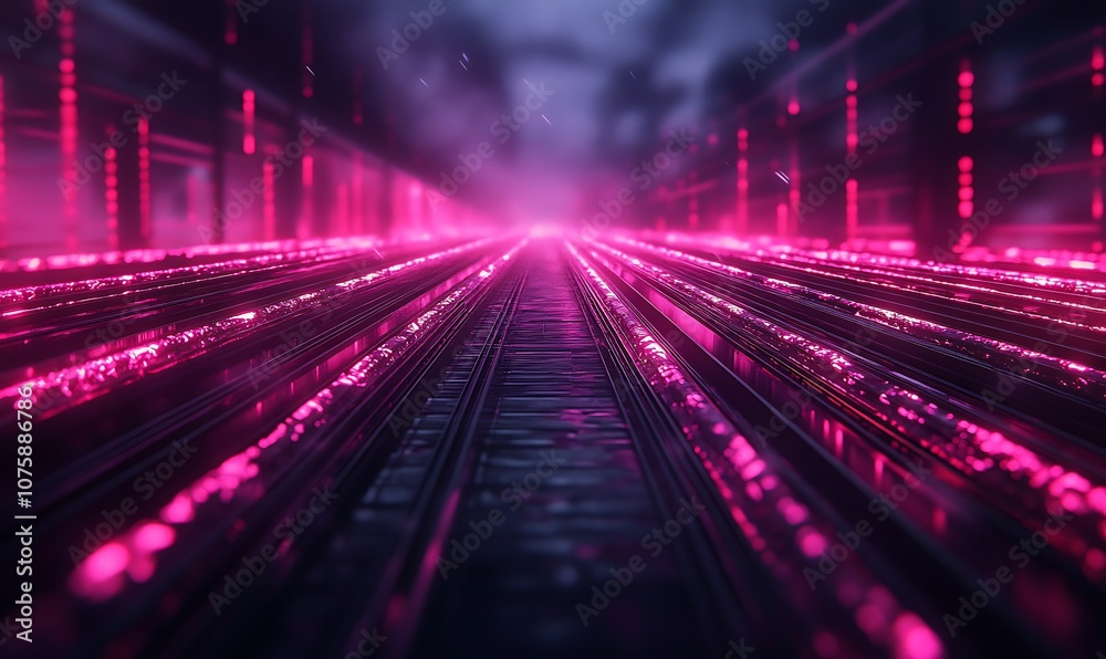 Poster a futuristic, vibrant landscape featuring glowing pink lines, creating a sense of depth and motion i