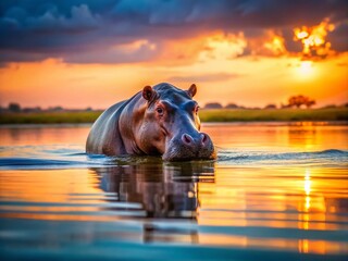 Obraz premium Majestic Hippopotamus Surfaces in Serene Waters at Dusk, Captured in Stunning Long Exposure to Emphasize Tranquility and Natural Beauty of African Wildlife