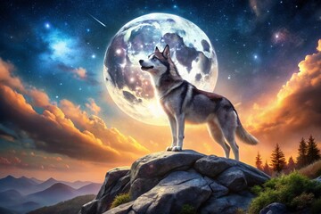 Majestic Night Photography of a Husky Wolf Dog Howling at the Moon Under Starry Skies, Capturing the Essence of Wilderness and Nature&rsquo;s Beauty