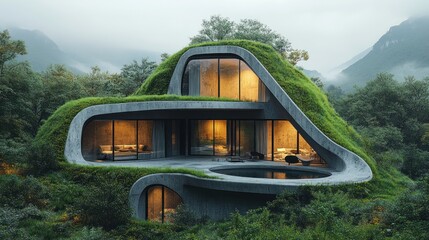 Fototapeta premium A futuristic, modern, and eco-friendly home nestled in a lush green forest with a swimming pool.