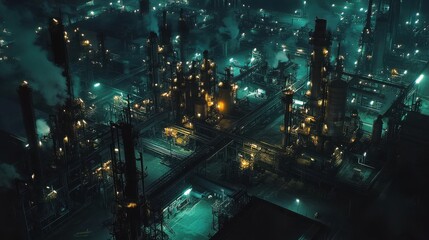Obraz premium Aerial view of an oil refinery at night, illuminated by soft,