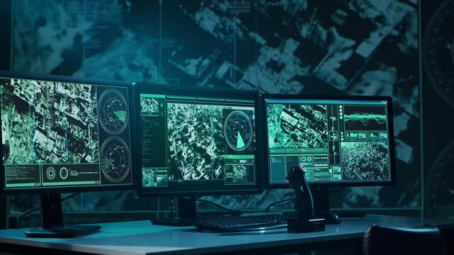 Military soldier operating advanced technology in a command center.