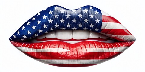 Fototapeta premium Minimalist American Lips with USA Flag Pattern for 4th of July Celebrations, Memorial Day, and Veterans Day - Symbolizing Liberty, Patriotism, and Freedom in a Simple Design