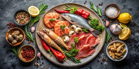 Minimalist Arrangement of Raw Seafood and Meat Platter Perfect for Grilling, Showcasing Fresh Ingredients on a Simple Background for Culinary Enthusiasts