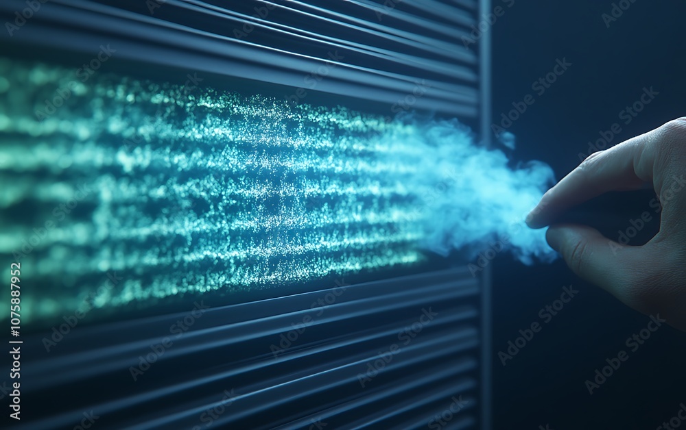 Fototapete A hand interacts with glowing data streams, suggesting technology and data manipulation, creating an atmospheric, futuristic vibe.