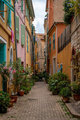 Old town city street in the French city of Villefranche Sur Mer.