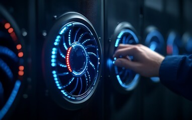 A hand adjusts a server fan in a data center, showcasing illuminated cooling technology in a modern computing environment.