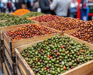 A vibrant display of assorted coffee beans in wooden crates, showcasing a variety of colors and textures in a bustling market setting.