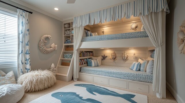 A nautical themed bedroom with a bunk bed, a trundle bed, a white furry bean bag chair, and a rug with blue fish on it.