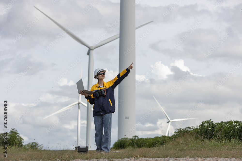 Poster female engineer wind turbine worker survey operational planning windmill clean renewable energy tech