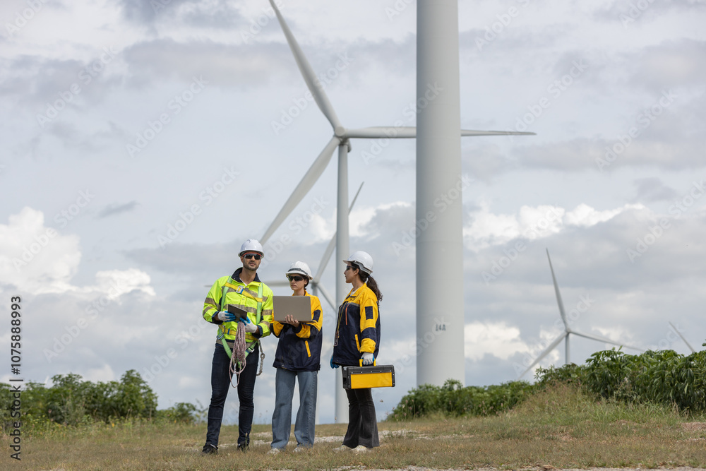 Poster Engineer wearing safety uniform using laptop discussed plan about renewable energy at station energy power wind turbine. technology protect environment reduce global warming problems.