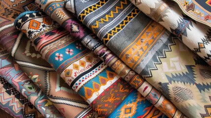 An illustrated collection of traditional Native American textiles with intricate patterns