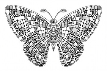 A beautifully intricate black and white illustration of a butterfly, featuring a mosaic pattern that highlights its wings and delicate details.