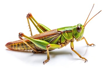 close up of grasshopper isolated on white background, captured from a high angle