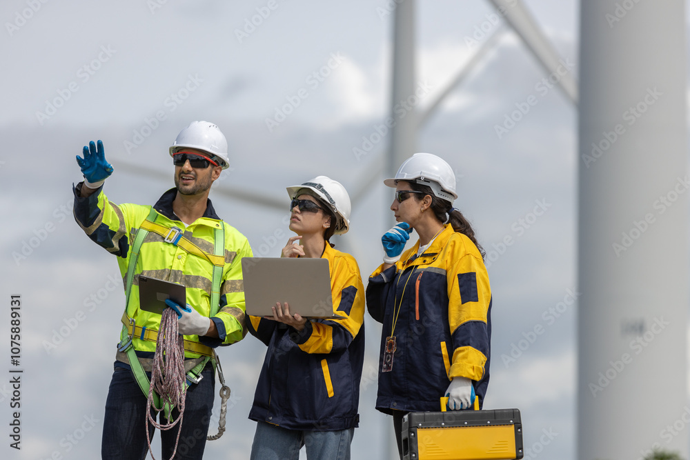 Aufkleber engineer wearing safety uniform using tablet discussed plan about renewable energy at station energy