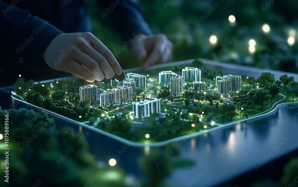 Poster a hand arranging a miniature illuminated city model, highlighting architectural design and landscapi