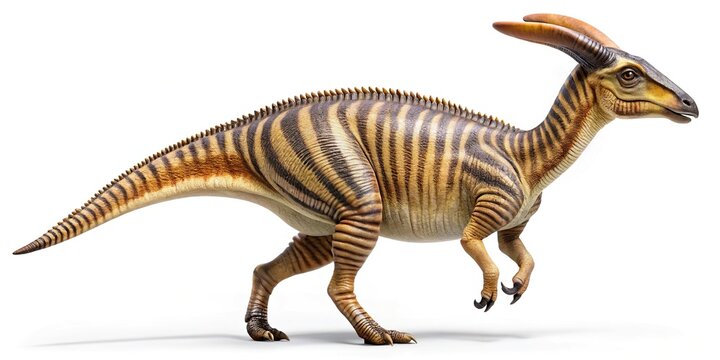 Close-up of a striped Parasaurolophus dinosaur on a white background