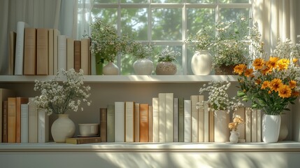 Sunlit Home Decor with Elegant Bookshelves and Flowers: Ideal for Zoom Virtual Backgrounds, Cozy Interior Backdrops, Living Room Backgrounds for Virtual Meetings