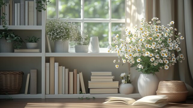 Sunlit Home Decor with Elegant Bookshelves and Flowers: Ideal for Zoom Virtual Backgrounds, Cozy Interior Backdrops, Living Room Backgrounds for Virtual Meetings