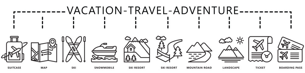 Travel, vacation, adventure icon banner. contain suitcase, map, ticket, ski, ski resort, snow mobile, mountain, winter, and more. Vector EPS 10. for print, UI or UX kit, web and app development