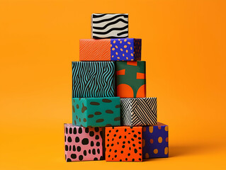 A colorful stack of patterned boxes against a vibrant orange background, showcasing various designs and textures.