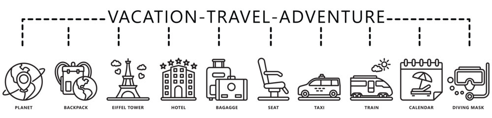 Travel, vacation, adventure icon banner. contain earth, backpack, baggage, taxi, train, diving mask, calendar, location and more. Vector EPS 10. for print, UI or UX kit, web and app development.