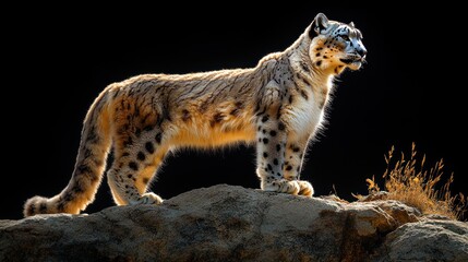 Obraz premium A majestic snow leopard stands on a rock against a dark background.