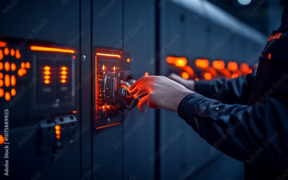 Poster A person interacts with a control panel, featuring glowing orange lights, in a high-tech environment focused on monitoring or operating machinery.
