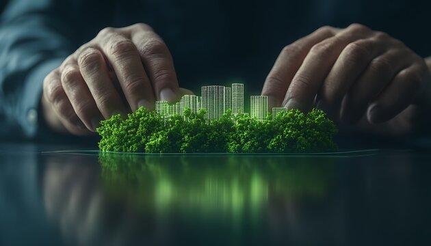 A pair of hands gently cradles a miniature green cityscape, symbolizing sustainable development and environmental stewardship.