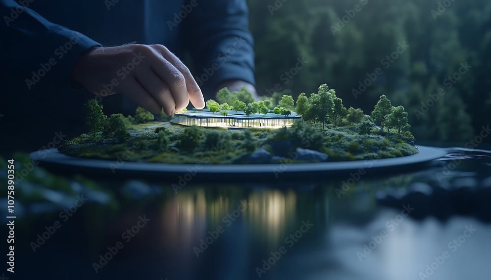 Poster A person is working on a miniature architectural model surrounded by greenery, showcasing a blend of nature and design elements in a serene setting.