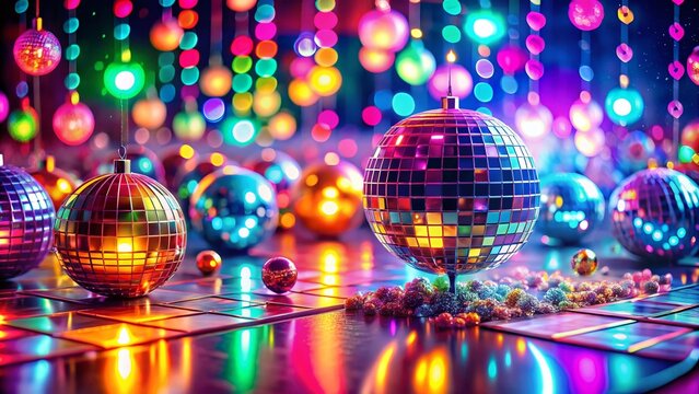 Neon-Themed 80s Retro Party Decorations with Tilt-Shift Photography for a Vibrant and Colorful Celebration Atmosphere Capturing Nostalgic Elements of the Era