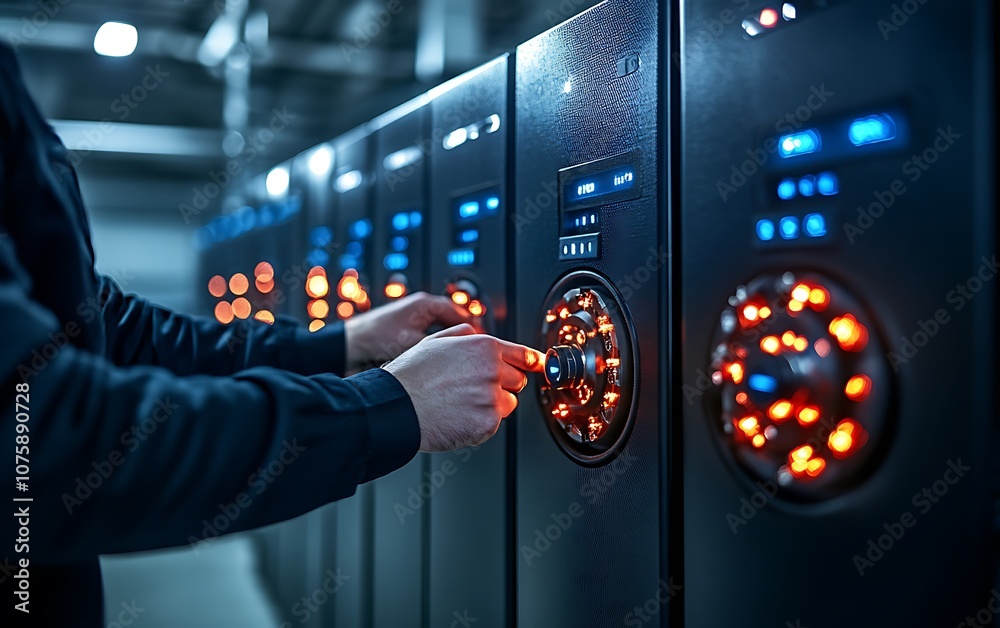 Leinwandbilder a technician interacts with a high-tech server, adjusting controls amid glowing lights in a modern d