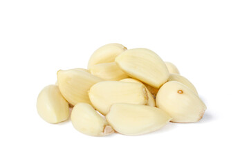 Peeled garlic cloves isolated on white background. Food ingredients