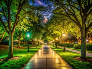 Obraz premium Night Photography of a Serene Pathway Through a Lush Green Campus, Illuminated by Soft Lights and Surrounded by Vibrant Flora, Creating a Tranquil Atmosphere for Evening Strolls