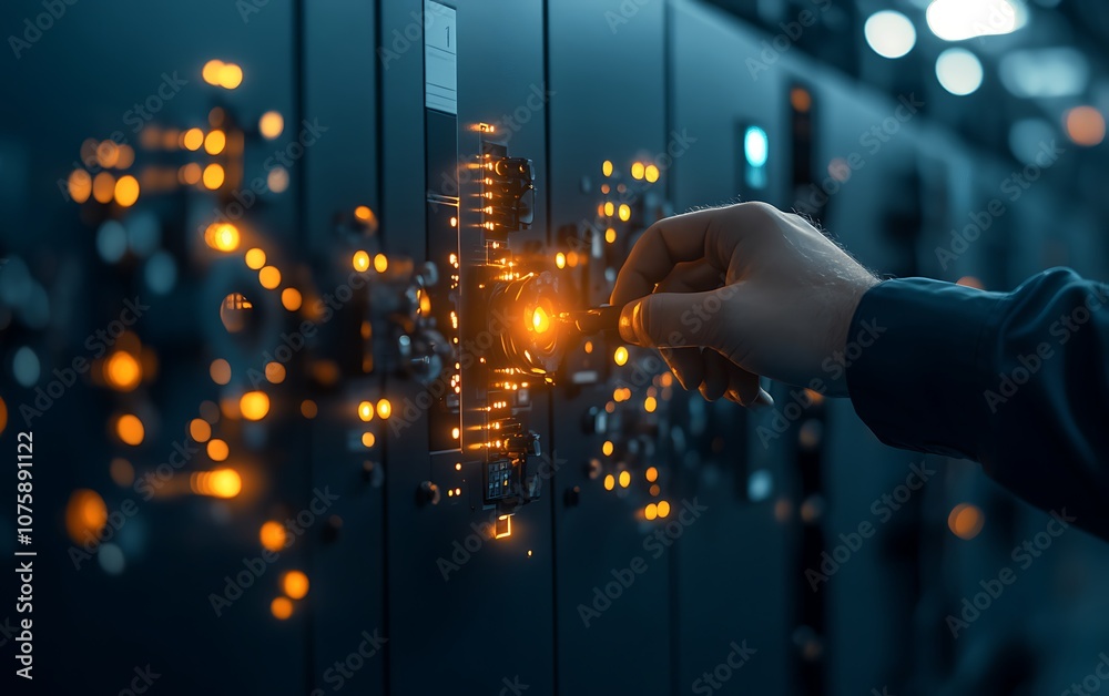 Poster A hand interacts with illuminated server switches, showcasing the intricate design of a modern data center.