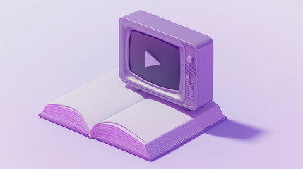 Retro tv showing play button sitting on open book symbolizing online education