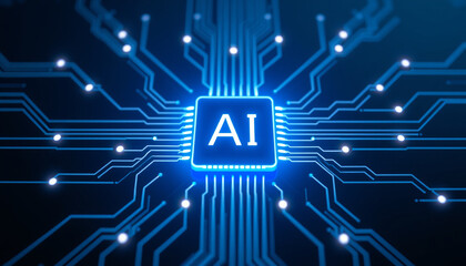 Glowing Purple AI Chip on Blue Circuit Board, Symbolizing Advanced Artificial Intelligence Technology.