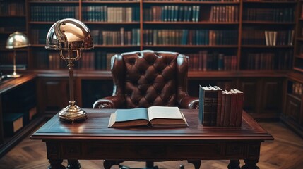 Classic vintage library with leather chair and desk in elegant study room.